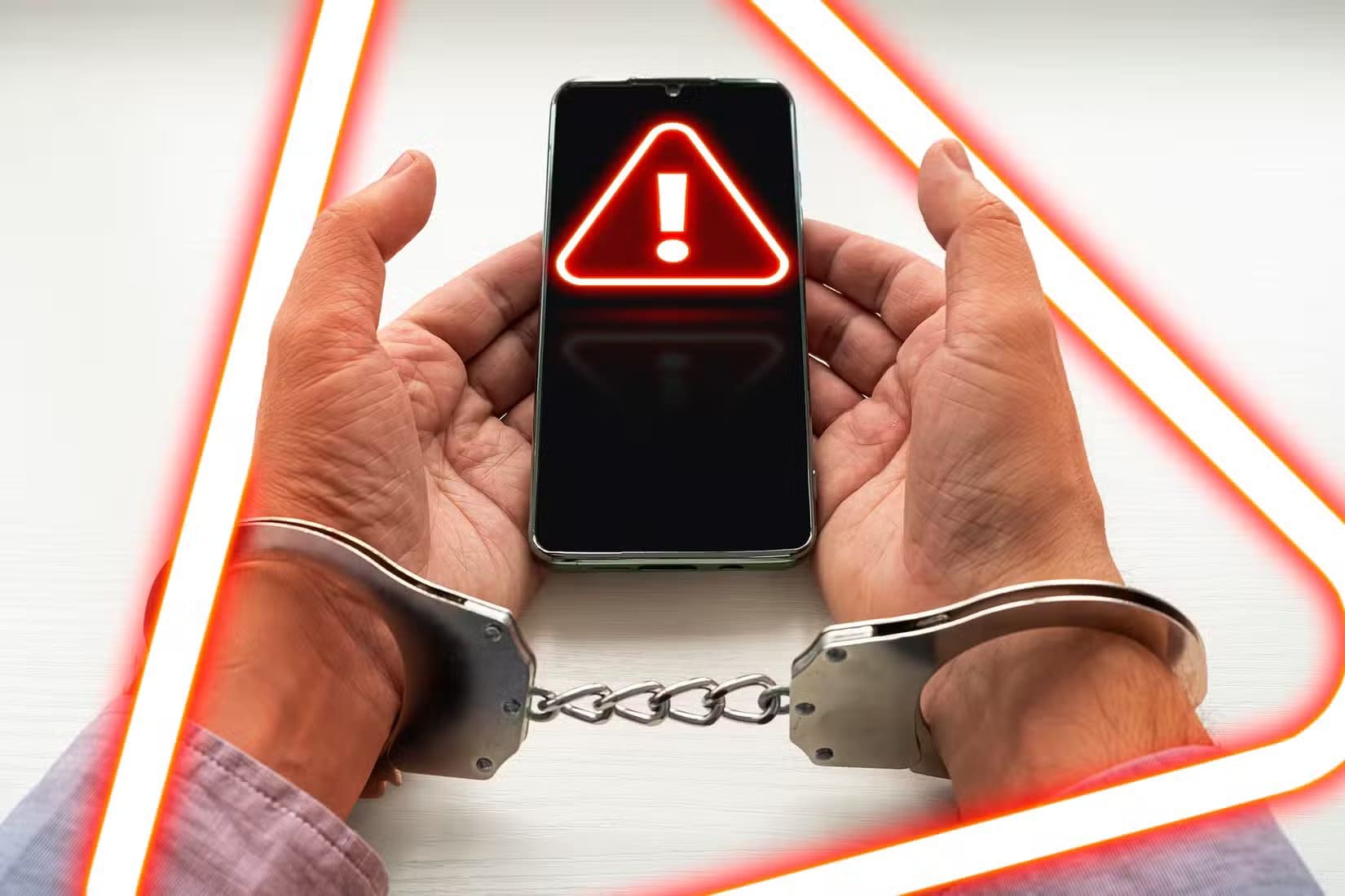 a-handcuffed-hand-holding-a-cellphone-with-an-alert-icon مستقبل الهواتف الذكية 2025 بين النهاية والتحولات الجديدة