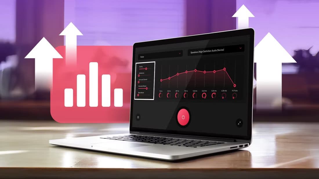 a-laptop-displaying-the-fxsound-app-with-an-active-equalizer-interface-surrounded-by-upward-pointing-arrows-and-a-volume-bar-icon-beside برنامج مجاني يمنحك صوت نقي وقوي على الكمبيوتر المحمول
