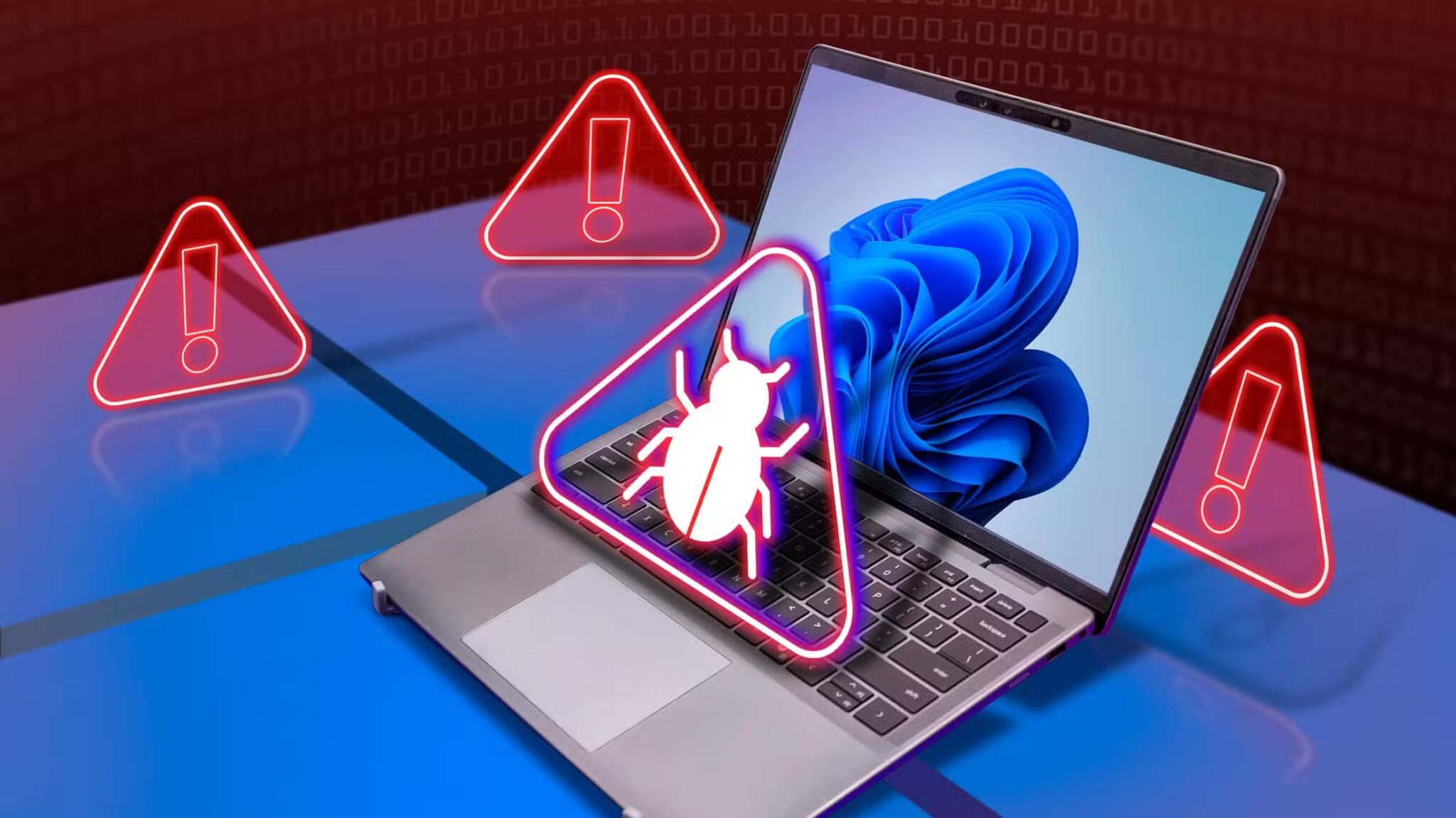 a-laptop-with-windows-11-a-malware-icon-above-the-keyboard-and-warning-signs-around-it-scaled خرافات شائعة عن فيروسات الكمبيوتر يصدقها الكثيرون وحقيقتها