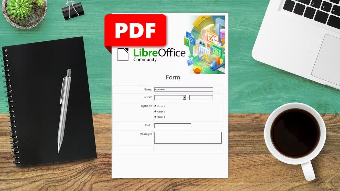 a-libreoffice-form-document-on-a-desk-with-a-pdf-label-showing-editable-fields-surrounded-by-a-notebook-pen-coffee-cup-and-laptop أفضل طريقة مجانية لإنشاء ملفات PDF قابلة للتحرير بسهولة وبجودة عالية