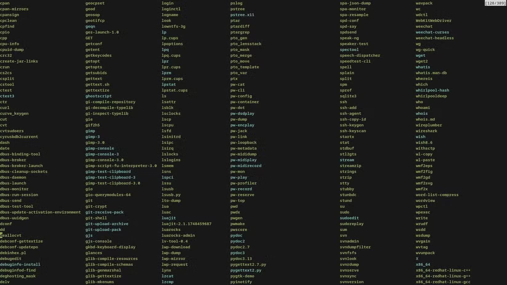 a-linux-terminal-window-showing-hundreds-of-utility-files-from-the-bin-directory-with-filenames-listed-one-after-another-in-columns-across-the-screen كيف يساعدك Linux على أن تصبح مطورًا أفضل
