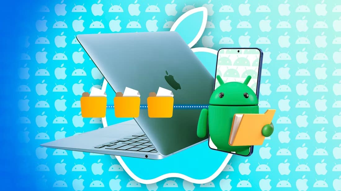 a-macbook-with-a-smartphone-next-to-it-with-the-android-mascot-holding-a-file-folder طرق فعالة للعثور على الملفات المخفية والمعطلة من الهاتف بسهولة