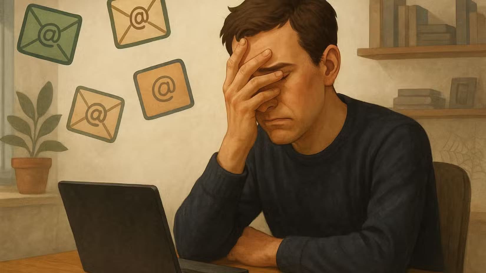 a-man-facepalms-as-email-icons-float-around-him خرافات شائعة عن فيروسات الكمبيوتر يصدقها الكثيرون وحقيقتها
