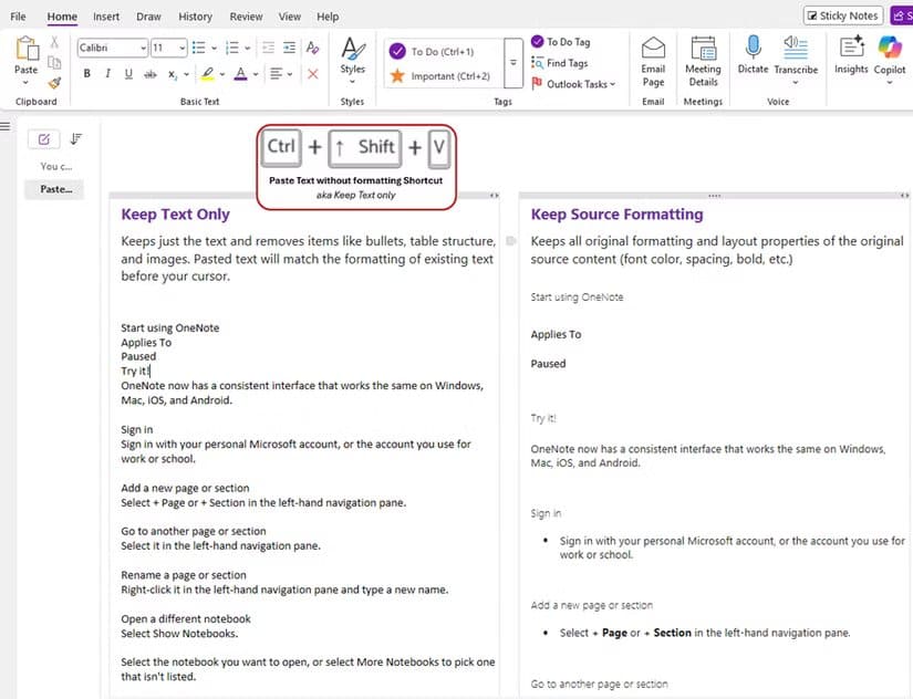 a-microsoft-onenote-page-showing-off-how-you-can-paste-without-formatting ميزة جديدة في OneNote تحسن تجربة المستخدم بشكل ملحوظ