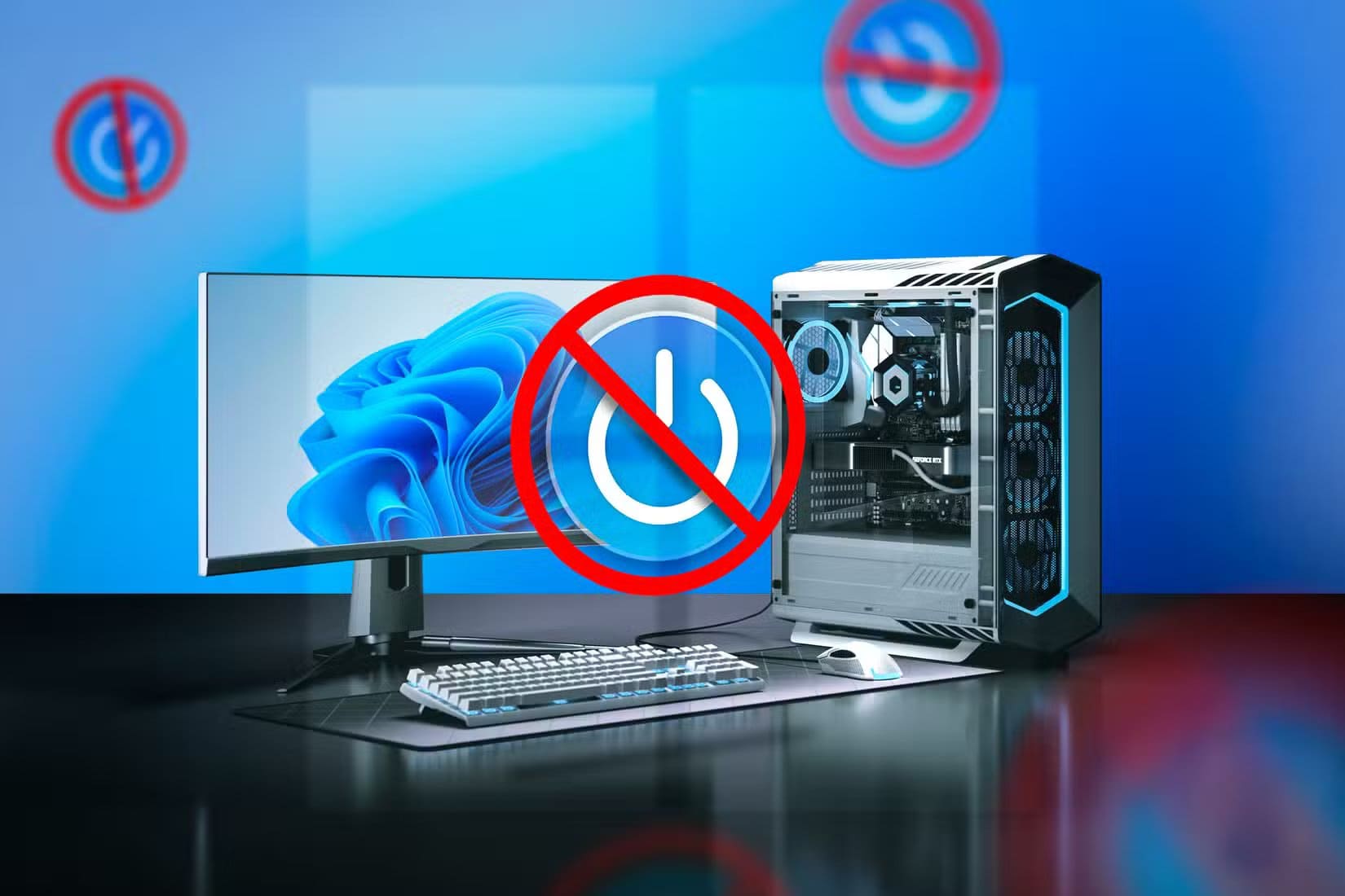 a-pc-with-windows-11-and-a-power-icon-with-a-slash-over-it خرافات شائعة عن Windows تضعف أداء حاسوبك وكيف تتجنبها