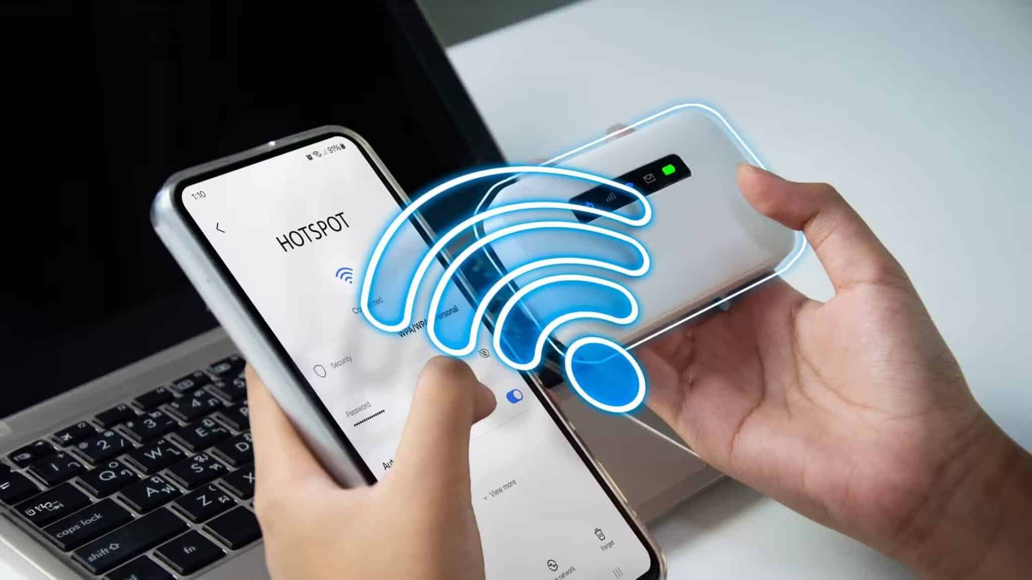 a-person-holding-a-phone-in-one-hand-and-a-pocket-wifi-in-the-other-scaled لماذا يعد الراوتر المحمول أسرع وأكثر استقرارًا من نقطة اتصال الهاتف