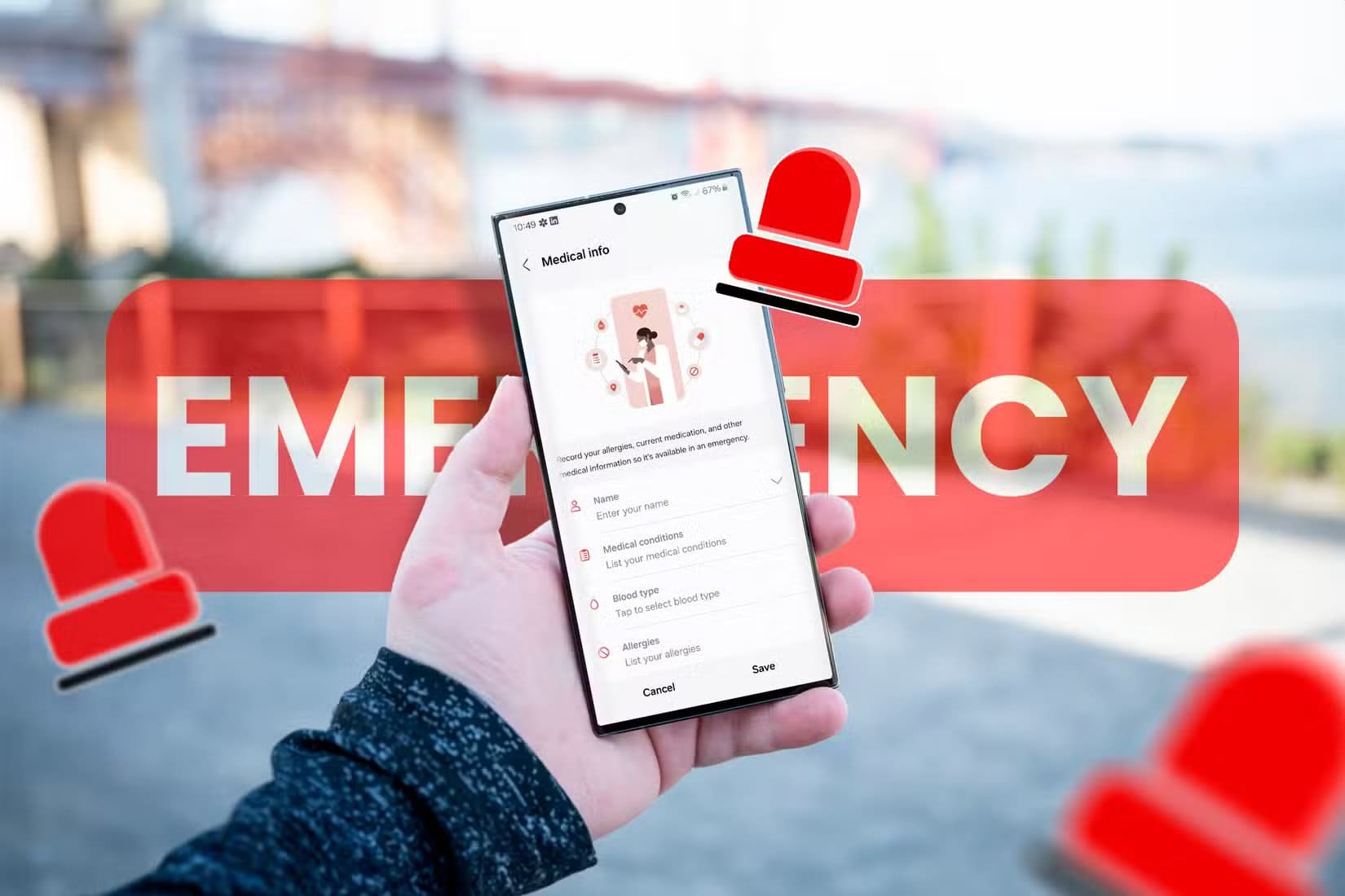 a-person-holding-an-s23-ultra-on-the-medical-information-entry-screen-with-some-emergency-sirens-around-it 4 ميزات خفية في Android لا يعرفها الكثير