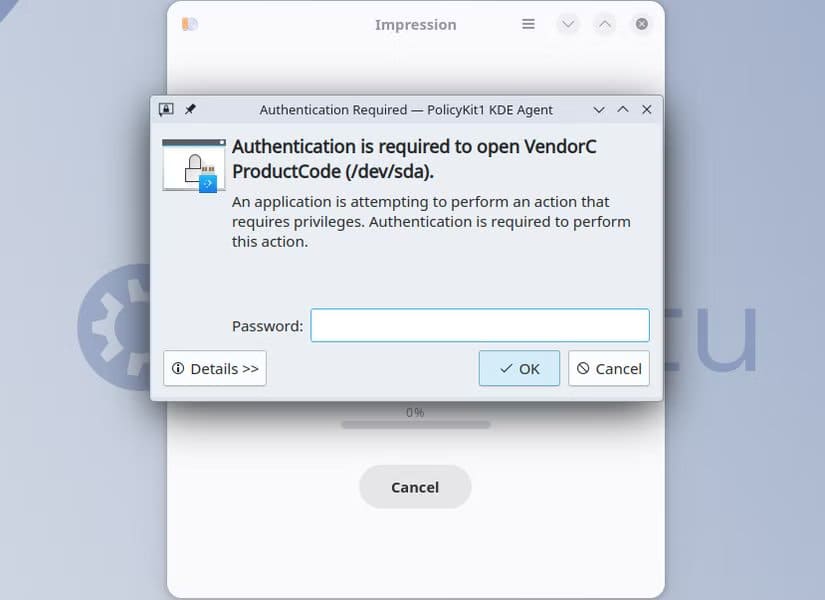 a-prompt-to-enter-your-root-password-when-trying-to-write-an-image-to-a-usb-drive-with-impression طريقة إنشاء USB لتشغيل Linux على الكمبيوتر أو Mac