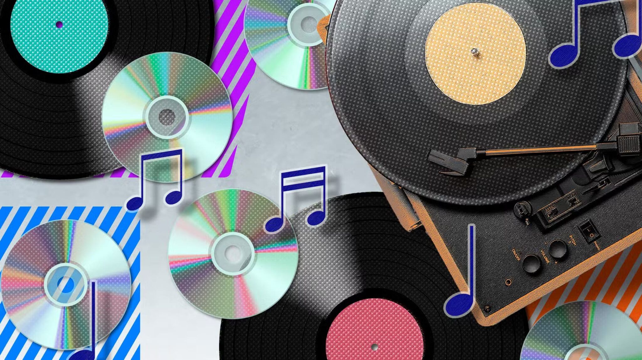 a-record-player-with-records-and-cds-around-it-and-some-musical-notes-scaled أسباب تدفعك لترك البث الموسيقي والعودة للفينيل والأقراص