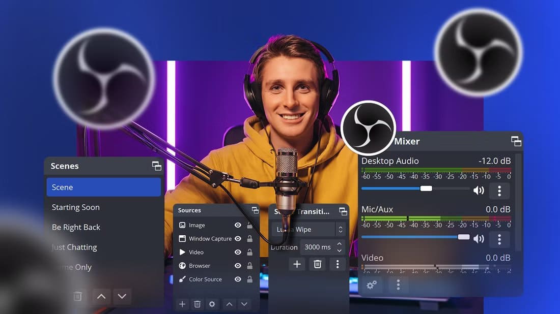a-streamer-wearing-headphones-sits-in-front-of-a-microphone-with-obs-studio-interface-elements-overlaid-on-the-image-and-the-obs-logo-surrounding-them إعدادات OBS التي تجعل البث المباشر بجودة احترافية
