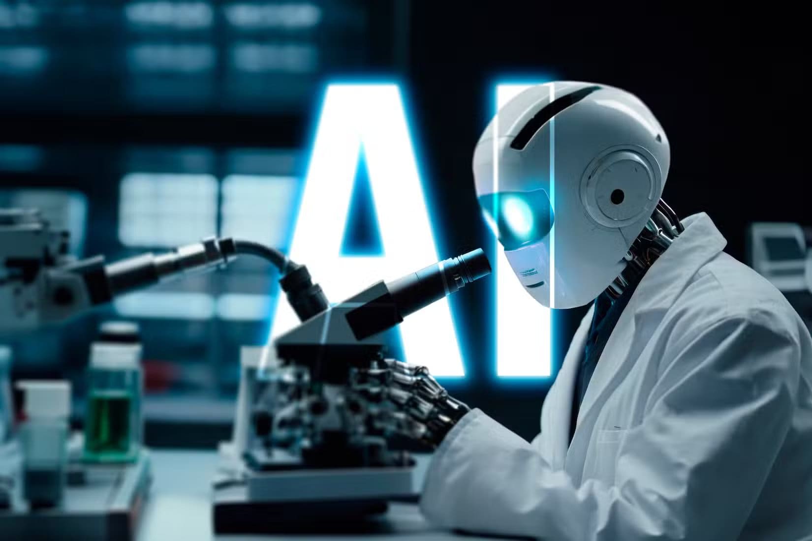an-ai-scientist-robot-in-a-white-lab-coat-looking-through-a-microscope دليل الطالب لاستخدام ChatGPT بذكاء أثناء الدراسة الجامعية