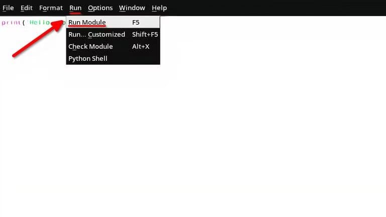 an-idle-code-editor-window-is-open-zoomed-in-on-the-toolbar-at-the-top-the-run-menu-is-expanded-and-the-run-module-menu-item-is-underlined-in-red-for-emphasis تعلم أساسيات لغة بايثون للمبتدئين خطوة بخطوة