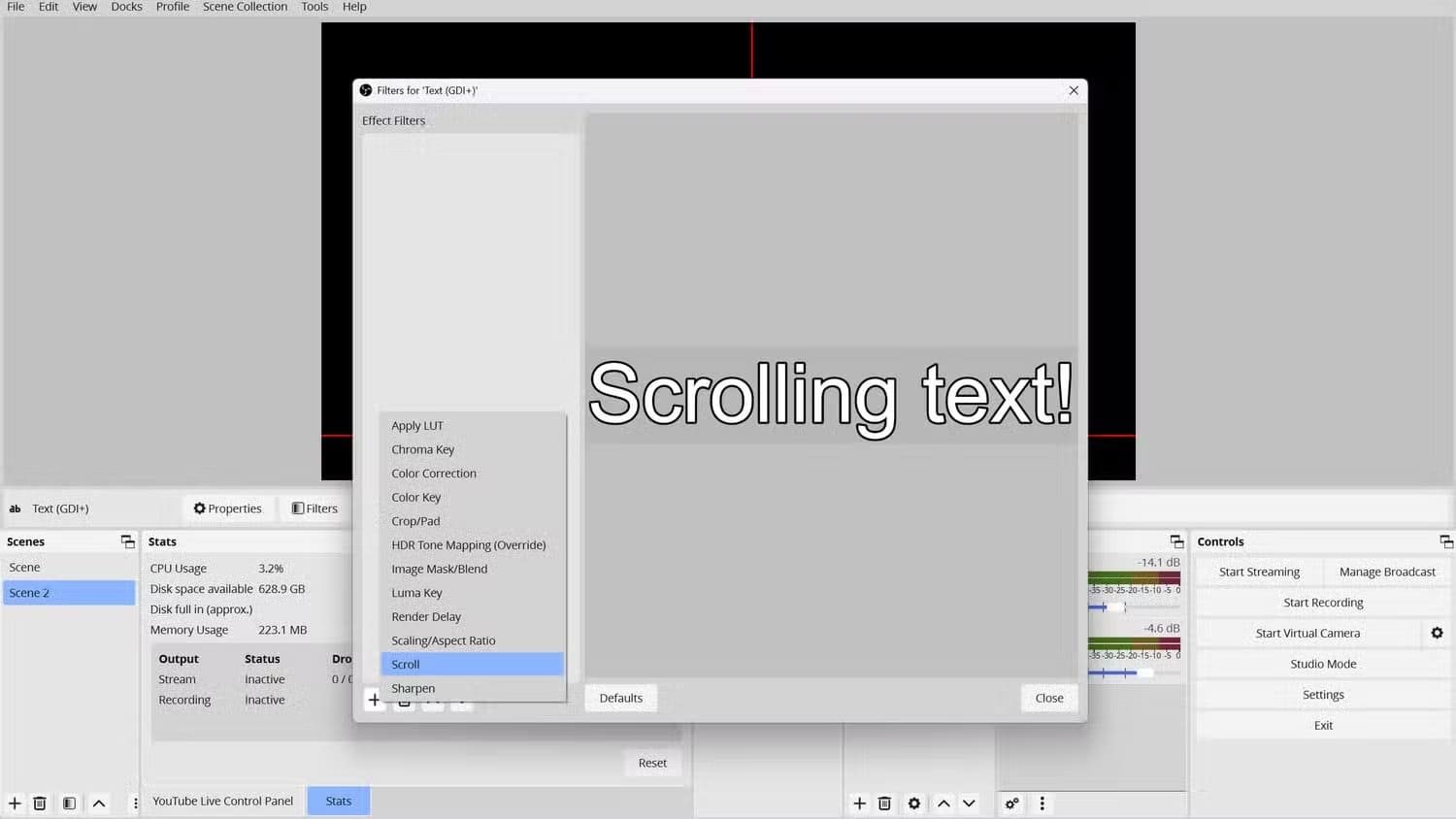 an-obs-layout-focusing-on-a-text-layer-s-filter-menu-on-the-drop-down-menu-the-option-for-scroll-is-selected إعدادات OBS التي تجعل البث المباشر بجودة احترافية