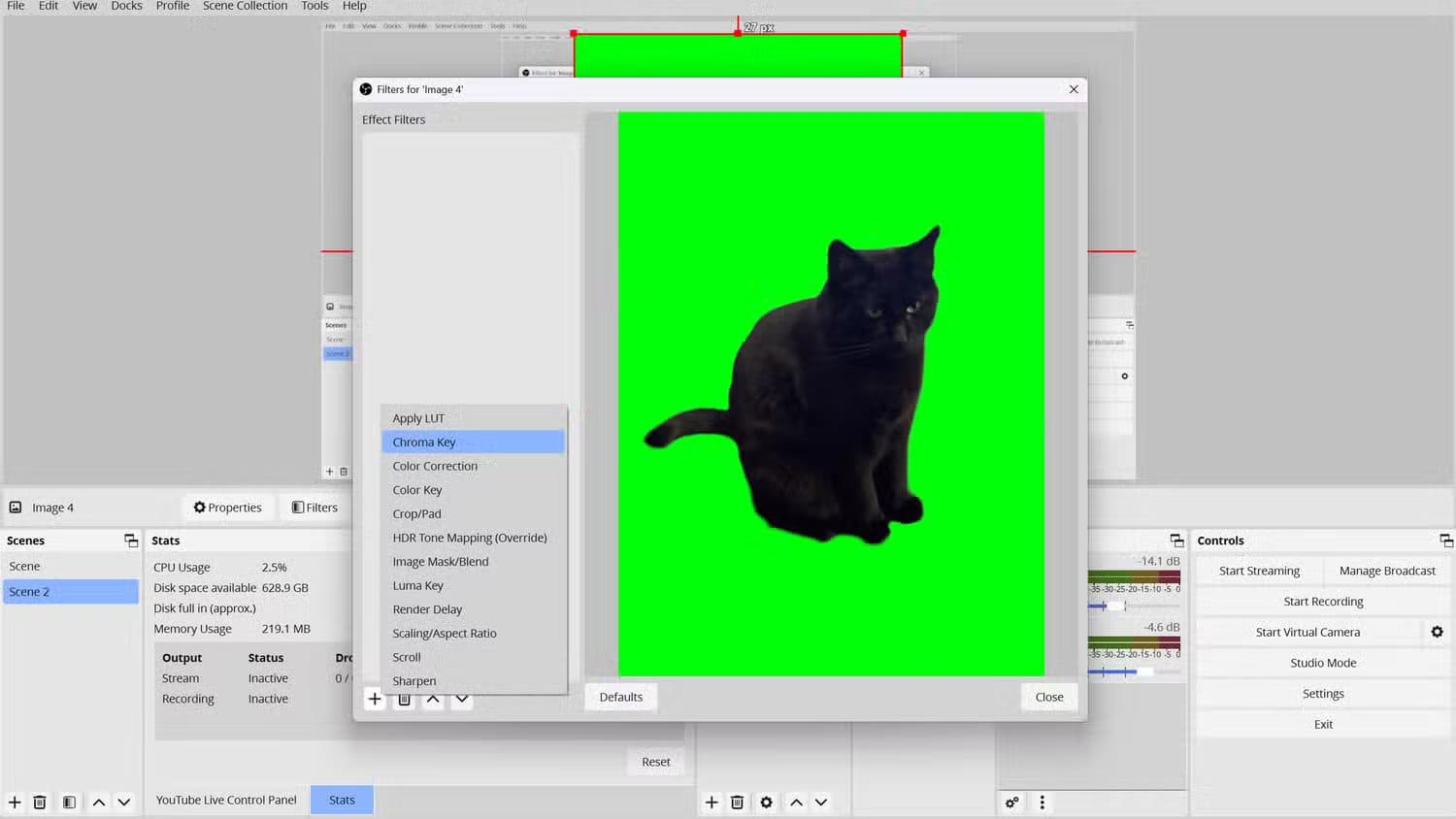 an-obs-layout-of-the-filters-screen-for-an-image-of-a-black-cat-in-front-of-a-green-screen-the-chrome-key-button-on-the-filters-drop-down-list-is-highlighted إعدادات OBS التي تجعل البث المباشر بجودة احترافية