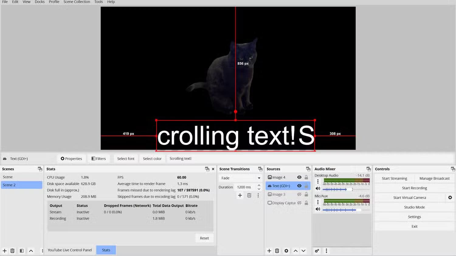 an-obs-layout-showing-a-transparent-image-of-a-black-cat-above-a-selected-source-that-has-scrolling-text-that-says-scrolling-text إعدادات OBS التي تجعل البث المباشر بجودة احترافية