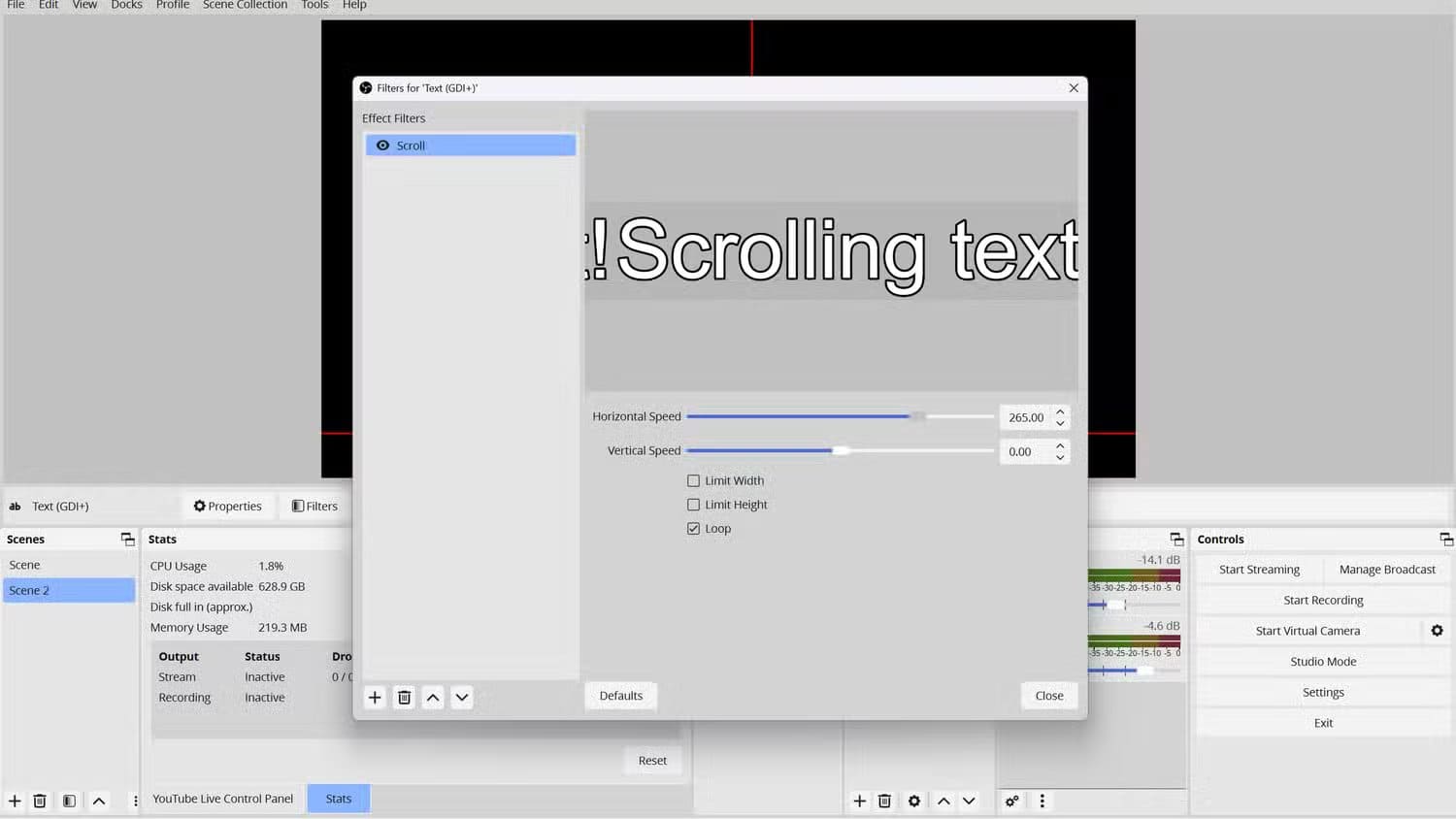 an-obs-layout-showing-the-settings-for-the-text-source-s-scroll-effect-the-horizontal-speed-is-set-to-265-speed إعدادات OBS التي تجعل البث المباشر بجودة احترافية