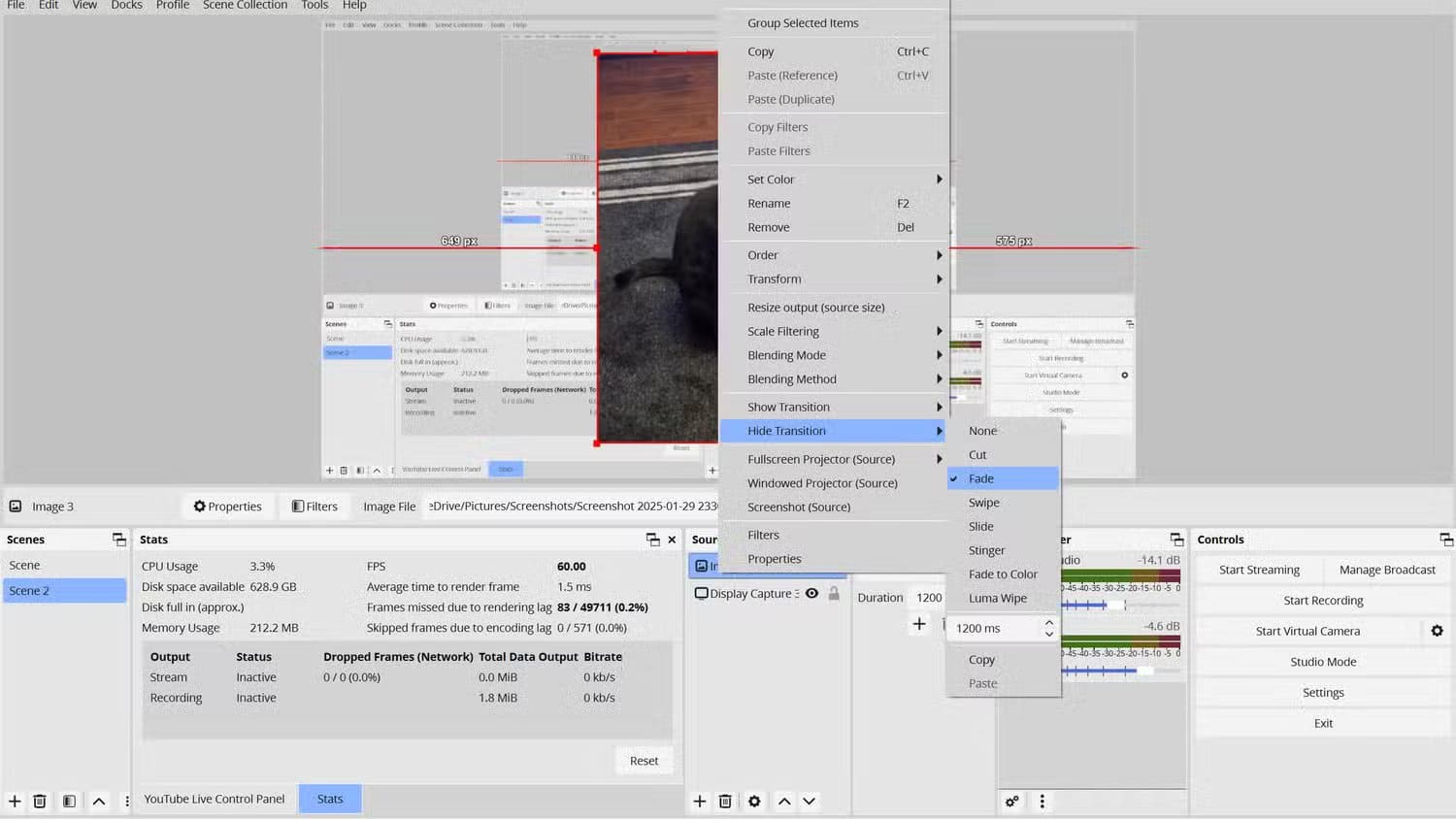 an-obs-project-showing-a-black-cat-sitting-on-a-rug-the-hide-transition-tool-is-highlighted-with-the-fade-option-being-chosen إعدادات OBS التي تجعل البث المباشر بجودة احترافية