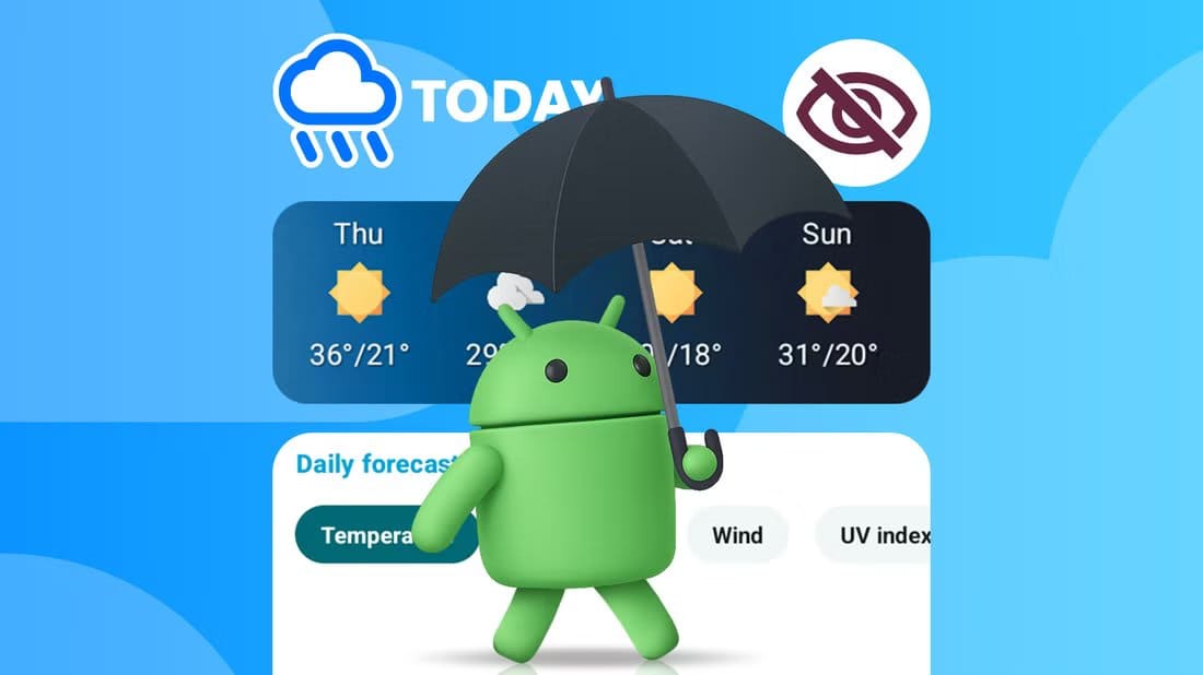 android-mascot-holding-an-umbrella-standing-in-front-of-a-weather-forecast-interface-with-privacy-and-weather-icons أفضل تطبيقات الطقس على أندرويد الآمنة التي تحمي خصوصيتك
