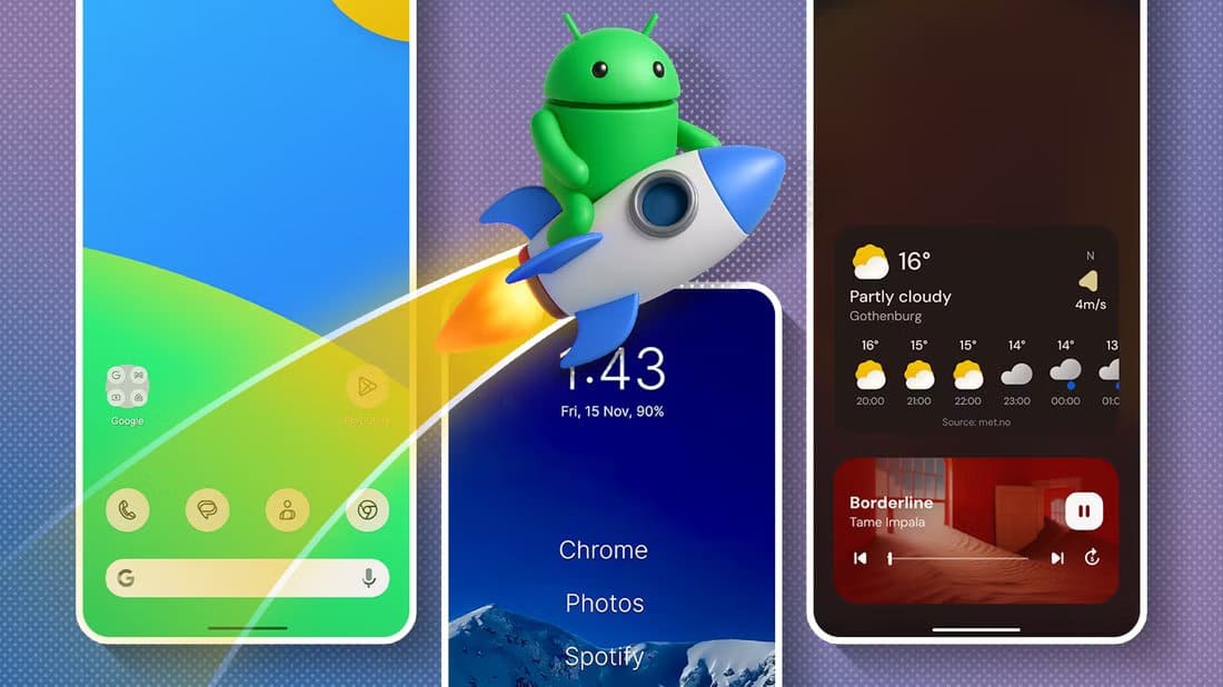 android-mascot-riding-a-rocket-flying-across-three-smartphone-screens-showing-different-launchers-1 أفضل مشغلات Android مفتوحة المصدر لتحسين تجربة الشاشة الرئيسية