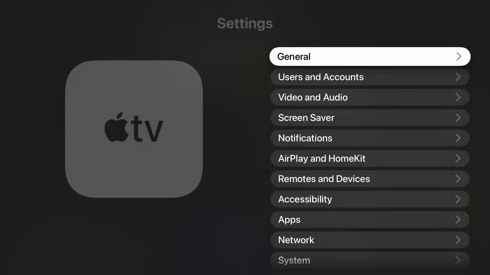 apple-tvos-26-liquid-glass-design-settings-app-general-section-selected 12 ميزة جديدة قادمة إلى Apple TV هذا الخريف