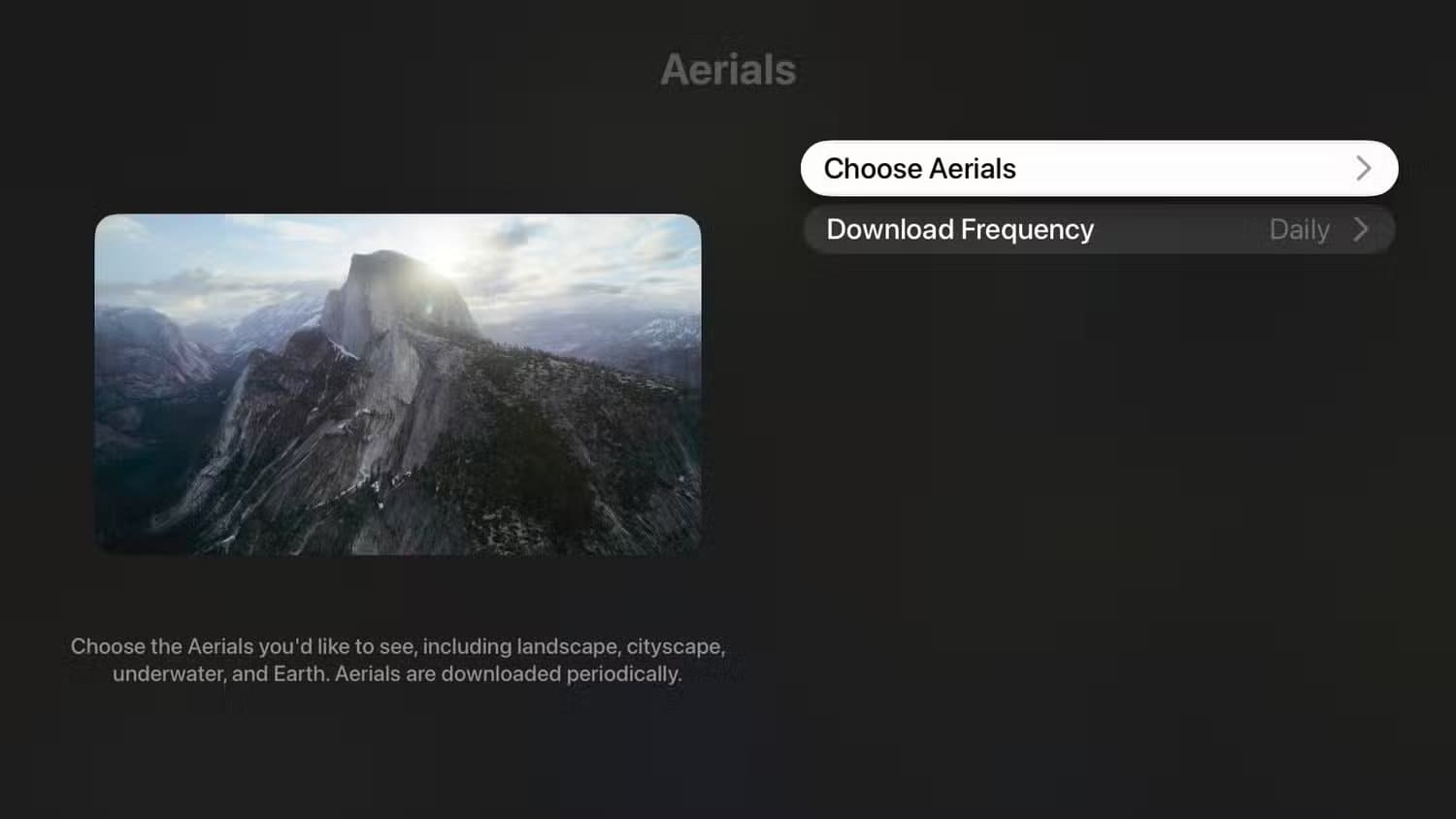 apple-tvos-26-settings-app-screen-savers-choose-aerials-option-selected 12 ميزة جديدة قادمة إلى Apple TV هذا الخريف