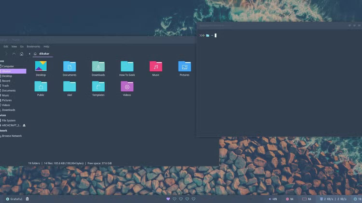 archcraft-desktop-overview-of-the-wave-theme أفضل توزيعات لينكس المبنية على Arch حسب التجربة والتقييم