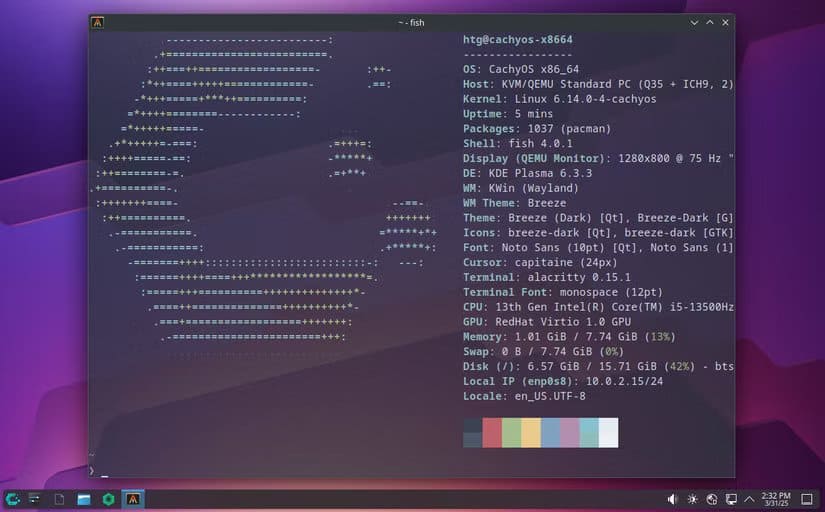 cachyos-desktop-with-kde-plasma-and-an-alacritty-terminal-window-open أفضل توزيعات لينكس المبنية على Arch حسب التجربة والتقييم