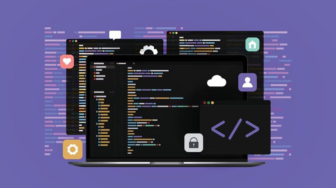 concept-of-computer-programming-or-developing-software-laptop-computer-with-code-on-screen-heart-message-cog-home-user-cloud-and-lock-icons أسباب تجعل Linux نظام التشغيل المفضل للمطورين