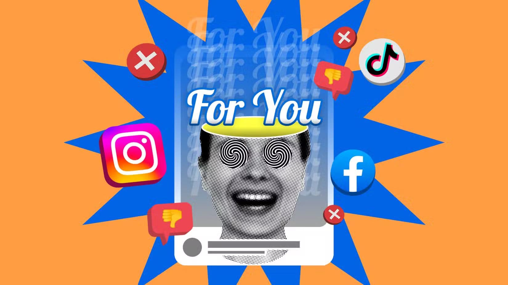 conceptual-illustration-of-a-person-hypnotized-by-the-for-you-page-on-social-media-and-logos-of-instagram-tiktok-and-facebook-surrounding-the-screen-along-with-thumbs-down-icons خطوات عملية لجعل هاتفك أكثر مقاومة لتأثير المؤثرين على وسائل التواصل