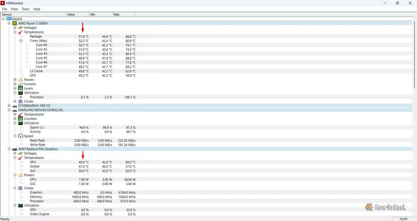 cpu-and-gpu-temperature-in-the-hwmonitor-tool أسباب سخونة الكمبيوتر المحمول وطرق فعالة لتبريده بسهولة