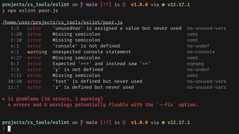 eslint-report-in-a-terminal-showing-10-problems-grouped-by-file-path-each-entry-lists-a-line-number-error-or-warning-and-rule-name أفضل أدوات البرمجة وبيئات التطوير التي يحتاجها طلاب علوم الكمبيوتر
