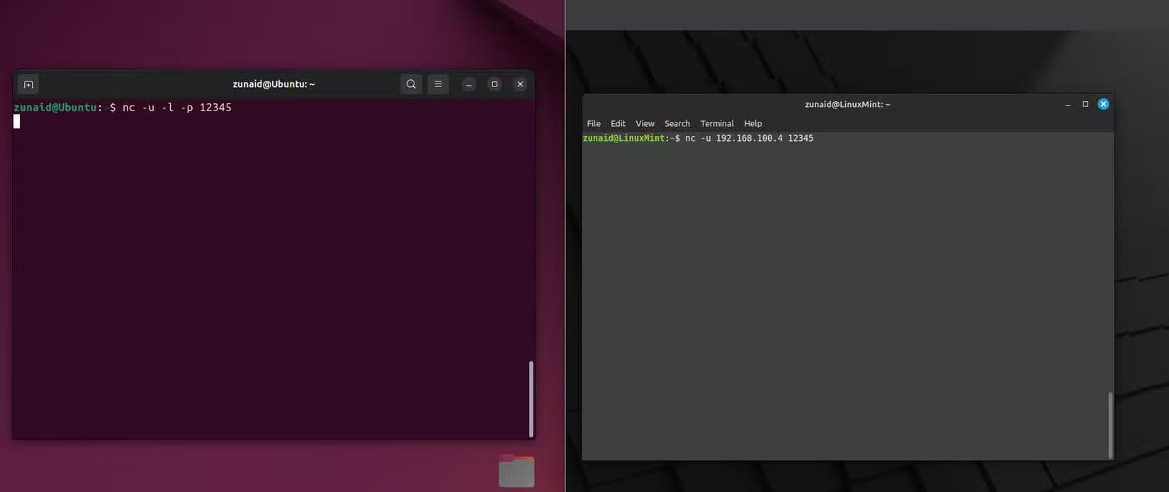 establishing-a-udp-network-connection-between-two-machines-using-nc طرق استخدام الأمر nc في Linux لاختبار الشبكات وحل مشاكل الاتصال