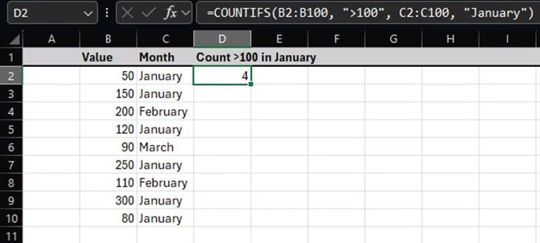 excel-window-showing-data-demonstrating-how-the-countifs-formula-function-works حيل ذكية في Microsoft Office تساعدك على إنجاز مهامك بسرعة أكبر