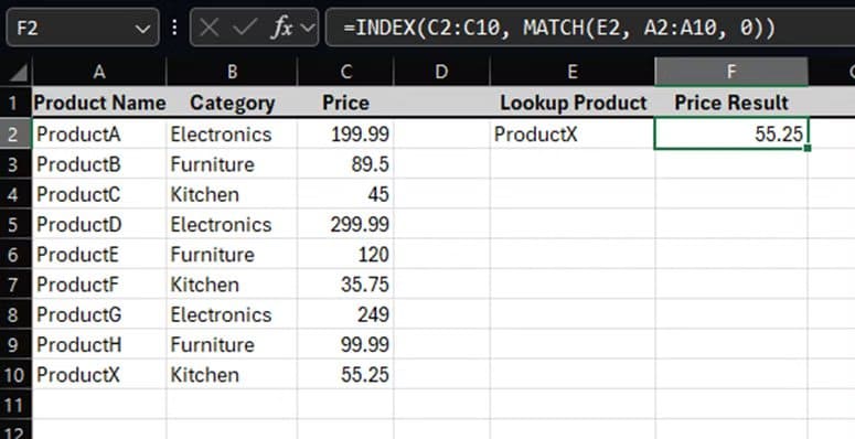 excel-window-showing-data-demonstrating-how-the-index-and-match-formulas-work-together حيل ذكية في Microsoft Office تساعدك على إنجاز مهامك بسرعة أكبر