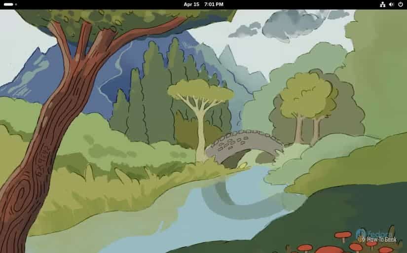 fedora-42-workstation-desktop-with-a-painting-of-some-trees-and-a-creek-as-the-background أفضل توزيعات Linux للمبتدئين والمحترفين حسب الأداء والسهولة