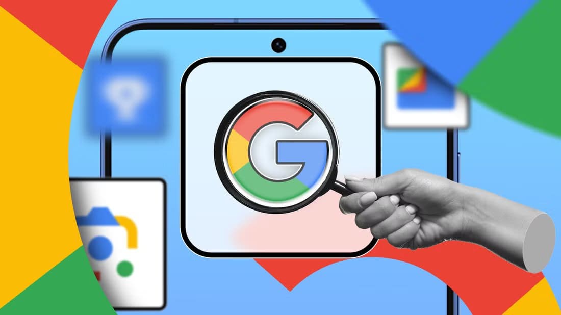 hand-holding-a-magnifying-glass-over-the-google-logo-on-a-phone-screen-with-blurred-google-app-icons-in-the-background أفضل تطبيقات Google المجهولة التي ستغير طريقة استخدامك للهاتف