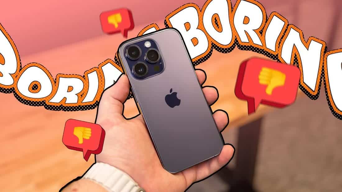 hand-holding-iphone-with-the-word-boring-in-the-background-and-multiple-thumbs-down-icons-around-it أسباب تجعل تجربة استخدام iPhone أقل جاذبية مما كانت عليه
