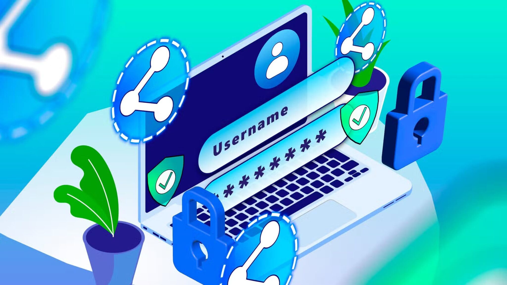 illustration-of-a-laptop-with-login-credentials-surrounded-by-share-and-security-icons-1-scaled أفضل الطرق لمشاركة كلمات المرور بأمان دون تعريض بياناتك للخطر