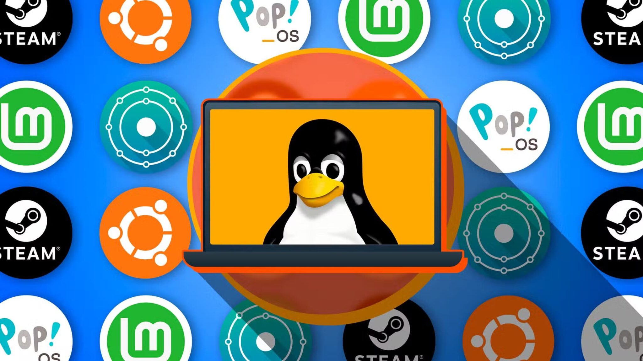 illustration-of-a-laptop-with-tux-on-the-screen-and-several-linux-distributions-in-the-background-scaled أفضل الطرق لتجربة توزيعات لينكس على الكمبيوتر بدون فلاش USB