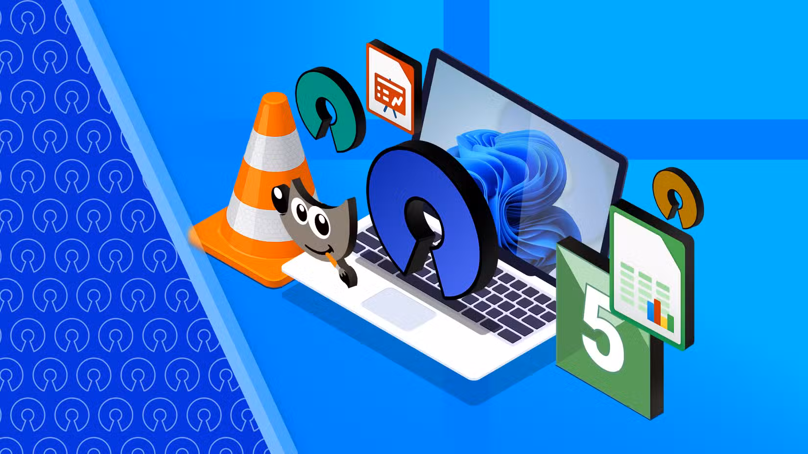 illustration-of-a-windows-11-laptop-and-logos-of-some-open-source-apps-around-it-1 مزايا وعيوب المصدر المفتوح وتأثيره على مستقبل التكنولوجيا