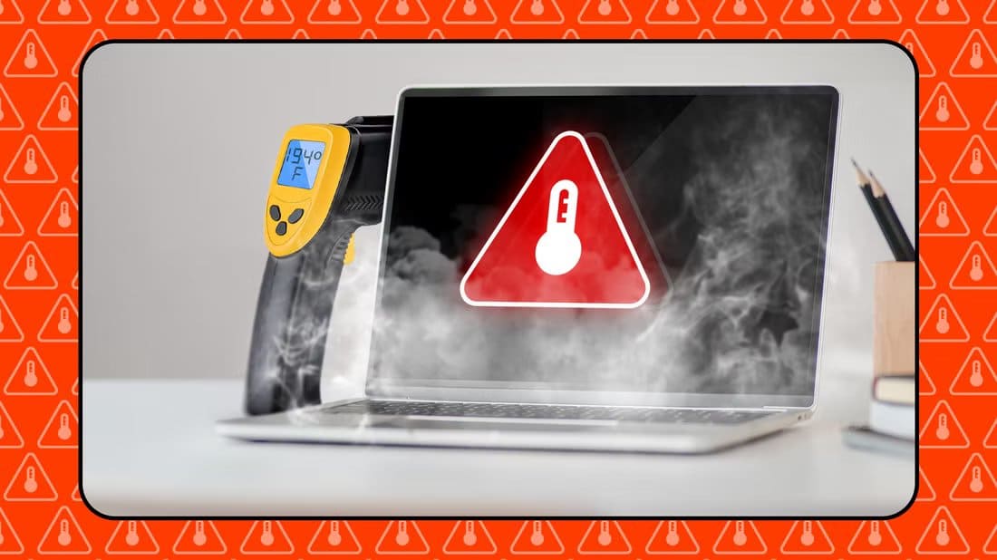laptop-with-an-overheating-warning-on-the-screen-smoke-around-it-and-a-thermometer-showing-194-f أسباب سخونة الكمبيوتر المحمول وطرق فعالة لتبريده بسهولة