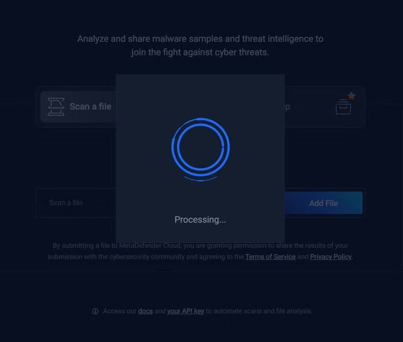 metadefender-file-scanner-file-upload-process كيف تفحص أي ملف مشبوه باستخدام أدوات مجانية بدون تحميل برامج