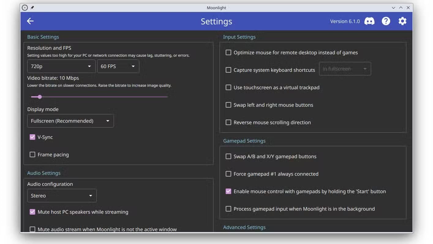 moonlight-window-showing-settings-menu أفضل 3 تطبيقات Linux مجانية تمنحك تجربة مختلفة