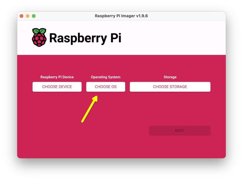 raspberry-pi-imager-app-with-a-yellow-arrow-pointing-to-the-choose-os-button طريقة إنشاء USB لتشغيل Linux على الكمبيوتر أو Mac