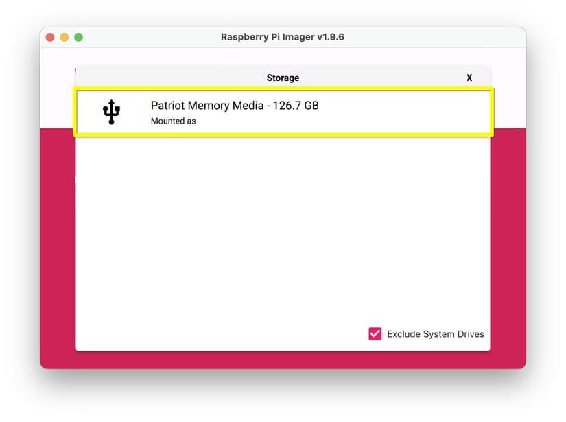 raspberry-pi-imager-drive-selection-menu-with-a-yellow-box-around-a-usb-drive طريقة إنشاء USB لتشغيل Linux على الكمبيوتر أو Mac