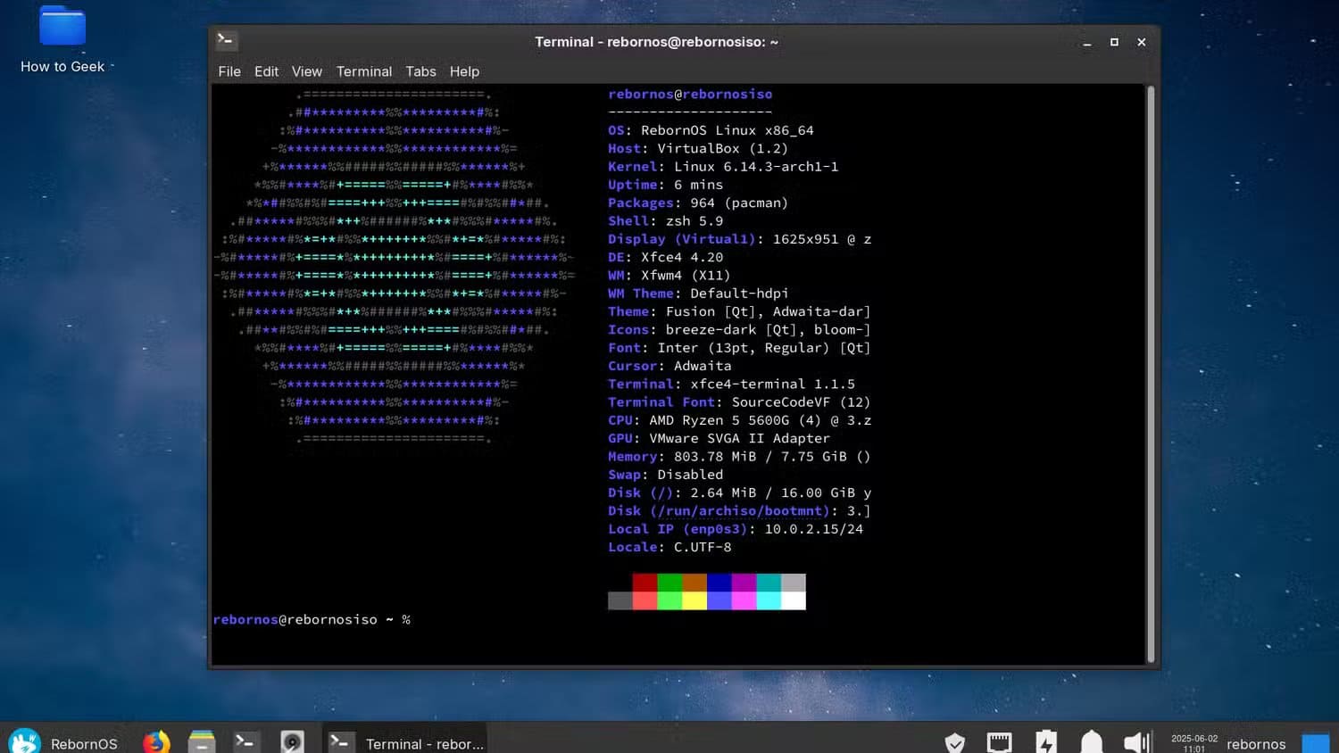 rebornos-terminal أفضل توزيعات لينكس المبنية على Arch حسب التجربة والتقييم