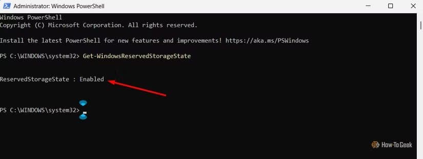 reserved-storage-is-enabled-message-in-windows-powershell طريقة فعالة لتوفير مساحة التخزين على الكمبيوتر Windows 11 عبر إيقاف إعداد مخفي