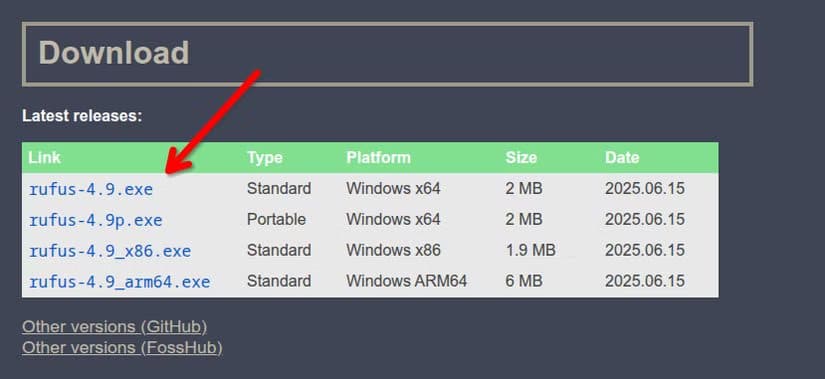 rufus-website-with-a-red-arrow-pointing-to-the-first-rufus-download-option طريقة إنشاء USB لتشغيل Linux على الكمبيوتر أو Mac