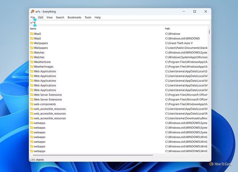 searching-for-files-starting-with-w-and-ending-with-s-in-the-everything-app-1 3 تطبيقات ويندوز غير معروفة ستجعل تجربتك أسرع وأسهل