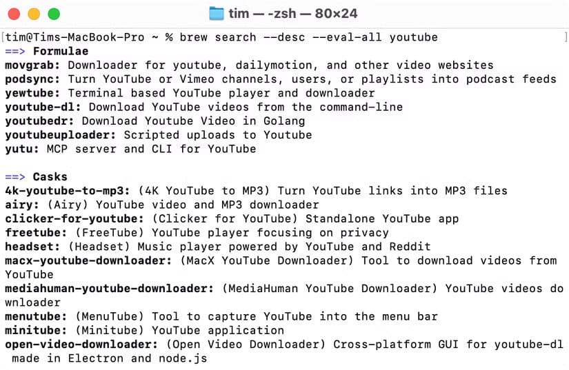searching-the-homebrew-repository-for-youtube أشياء مفيدة يمكنك القيام بها في Terminal دون الحاجة للمتصفح